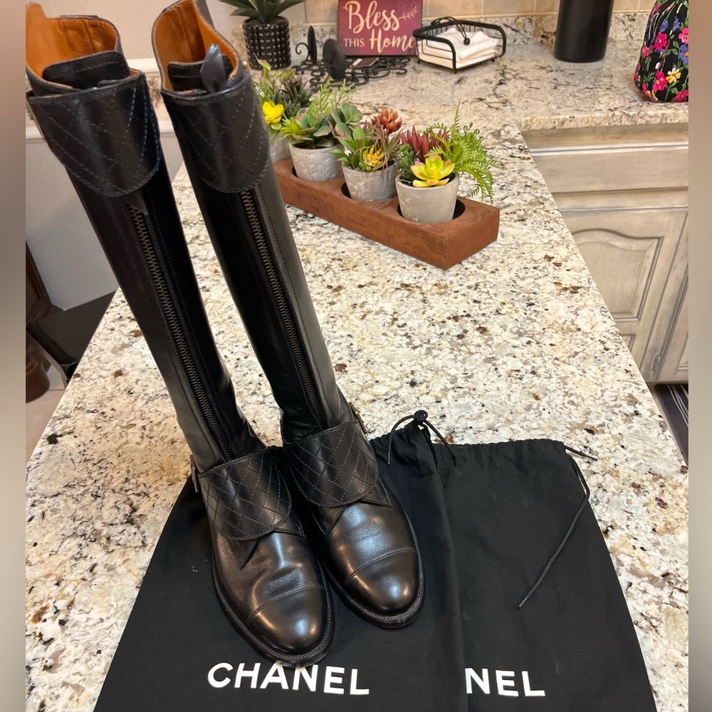 CHANEL black quilted leather riding boots, worn once, no box, original bags.